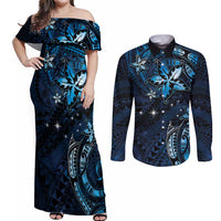 Hawaii Makahiki Season Couples Matching Off Shoulder Maxi Dress and Long Sleeve Button Shirt Floral Tribal Tattoo Blue Galaxy LT05 Blue - Polynesian Pride