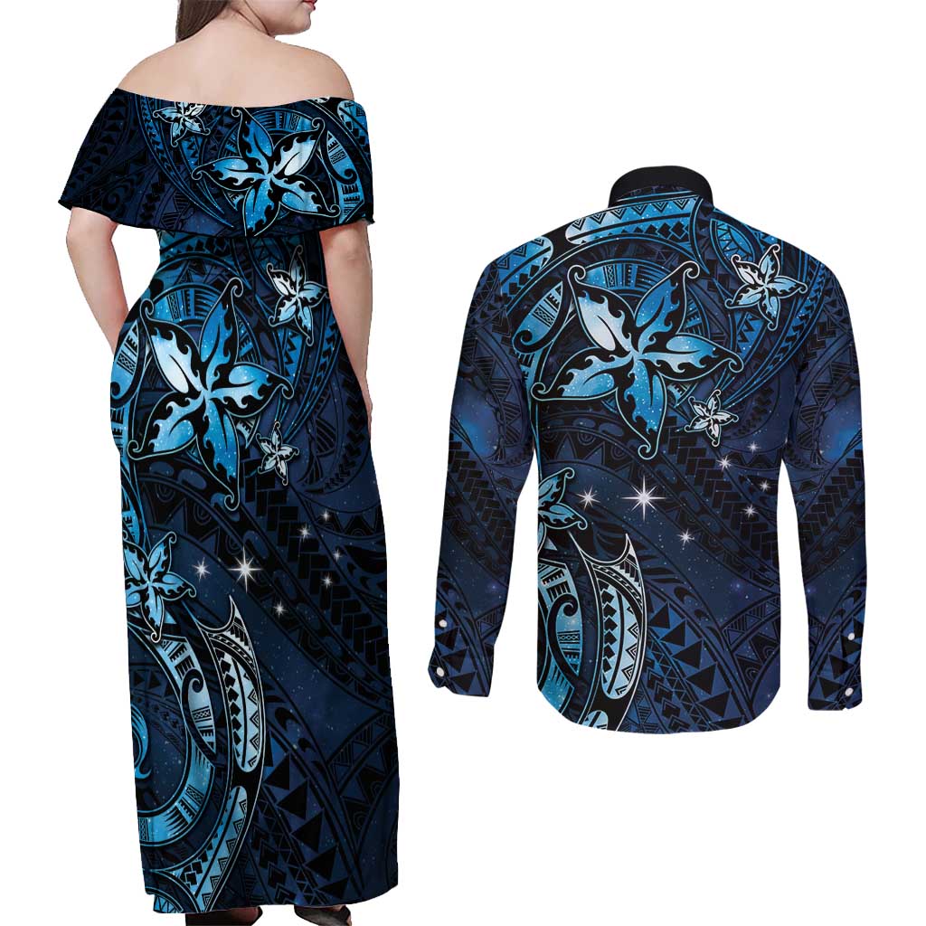 Hawaii Makahiki Season Couples Matching Off Shoulder Maxi Dress and Long Sleeve Button Shirt Floral Tribal Tattoo Blue Galaxy LT05 - Polynesian Pride