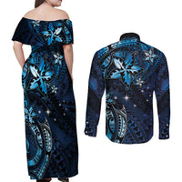 Hawaii Makahiki Season Couples Matching Off Shoulder Maxi Dress and Long Sleeve Button Shirt Floral Tribal Tattoo Blue Galaxy LT05 - Polynesian Pride