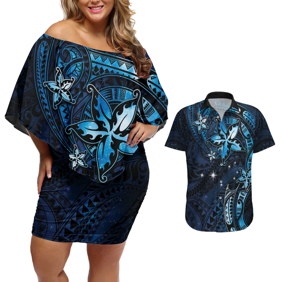 Hawaii Makahiki Season Couples Matching Off Shoulder Short Dress and Hawaiian Shirt Floral Tribal Tattoo Blue Galaxy LT05 Blue - Polynesian Pride