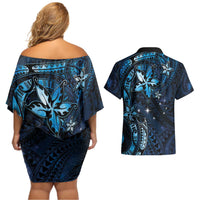 Hawaii Makahiki Season Couples Matching Off Shoulder Short Dress and Hawaiian Shirt Floral Tribal Tattoo Blue Galaxy LT05 - Polynesian Pride