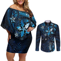 Hawaii Makahiki Season Couples Matching Off Shoulder Short Dress and Long Sleeve Button Shirt Floral Tribal Tattoo Blue Galaxy LT05 Blue - Polynesian Pride