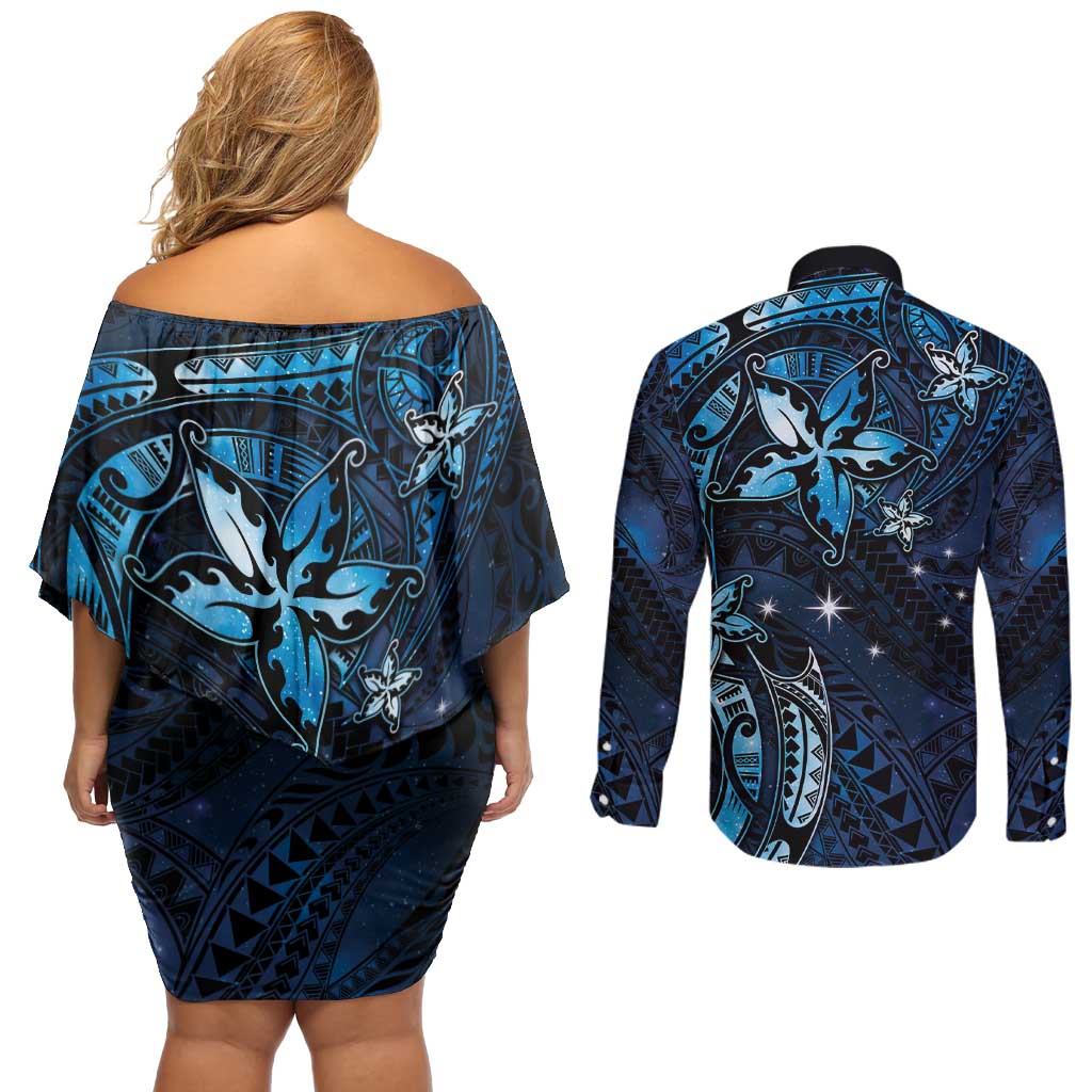 Hawaii Makahiki Season Couples Matching Off Shoulder Short Dress and Long Sleeve Button Shirt Floral Tribal Tattoo Blue Galaxy LT05 - Polynesian Pride