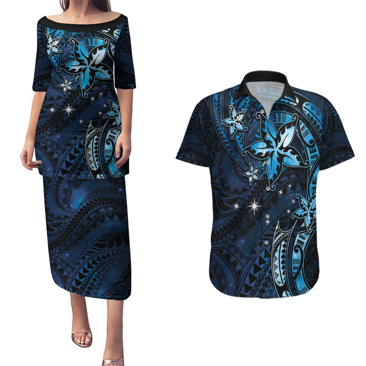 Hawaii Makahiki Season Couples Matching Puletasi and Hawaiian Shirt Floral Tribal Tattoo Blue Galaxy LT05 Blue - Polynesian Pride