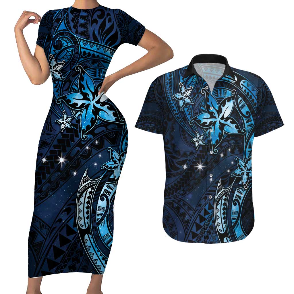 Hawaii Makahiki Season Couples Matching Short Sleeve Bodycon Dress and Hawaiian Shirt Floral Tribal Tattoo Blue Galaxy LT05 Blue - Polynesian Pride