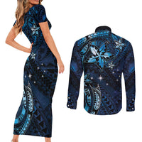 Hawaii Makahiki Season Couples Matching Short Sleeve Bodycon Dress and Long Sleeve Button Shirt Floral Tribal Tattoo Blue Galaxy LT05 - Polynesian Pride