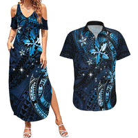 Hawaii Makahiki Season Couples Matching Summer Maxi Dress and Hawaiian Shirt Floral Tribal Tattoo Blue Galaxy LT05 Blue - Polynesian Pride