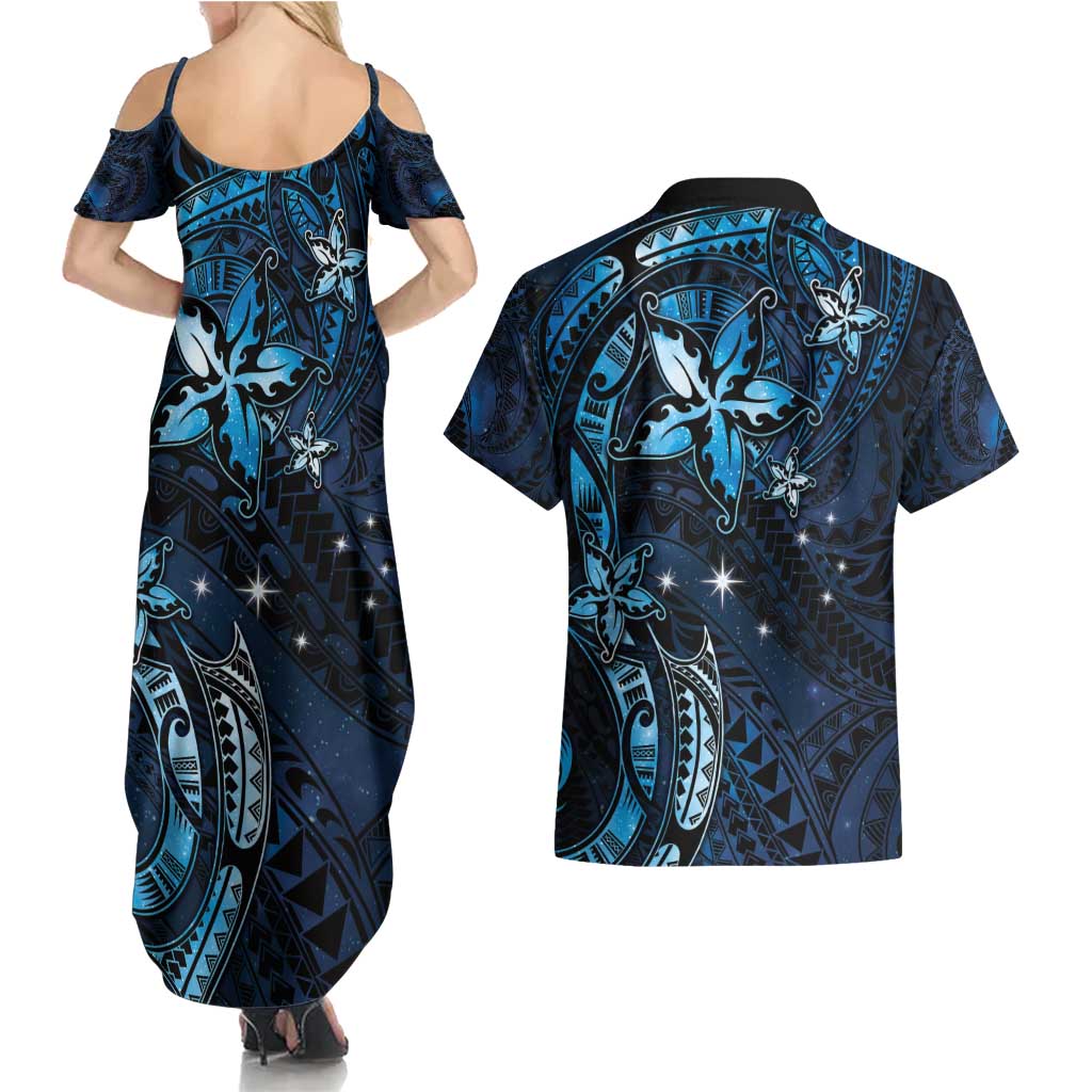 Hawaii Makahiki Season Couples Matching Summer Maxi Dress and Hawaiian Shirt Floral Tribal Tattoo Blue Galaxy LT05 - Polynesian Pride