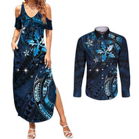 Hawaii Makahiki Season Couples Matching Summer Maxi Dress and Long Sleeve Button Shirt Floral Tribal Tattoo Blue Galaxy LT05 Blue - Polynesian Pride