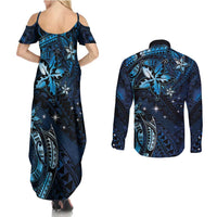 Hawaii Makahiki Season Couples Matching Summer Maxi Dress and Long Sleeve Button Shirt Floral Tribal Tattoo Blue Galaxy LT05 - Polynesian Pride