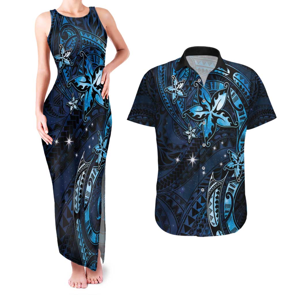 Hawaii Makahiki Season Couples Matching Tank Maxi Dress and Hawaiian Shirt Floral Tribal Tattoo Blue Galaxy LT05 Blue - Polynesian Pride
