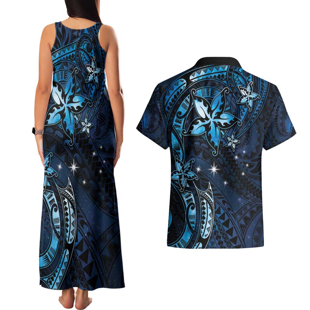 Hawaii Makahiki Season Couples Matching Tank Maxi Dress and Hawaiian Shirt Floral Tribal Tattoo Blue Galaxy LT05 - Polynesian Pride