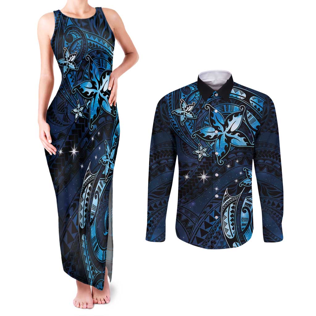 Hawaii Makahiki Season Couples Matching Tank Maxi Dress and Long Sleeve Button Shirt Floral Tribal Tattoo Blue Galaxy LT05 Blue - Polynesian Pride