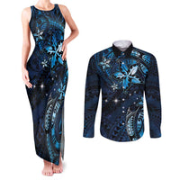Hawaii Makahiki Season Couples Matching Tank Maxi Dress and Long Sleeve Button Shirt Floral Tribal Tattoo Blue Galaxy LT05 Blue - Polynesian Pride