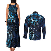 Hawaii Makahiki Season Couples Matching Tank Maxi Dress and Long Sleeve Button Shirt Floral Tribal Tattoo Blue Galaxy LT05 - Polynesian Pride