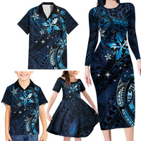 Hawaii Makahiki Season Family Matching Long Sleeve Bodycon Dress and Hawaiian Shirt Floral Tribal Tattoo Blue Galaxy LT05 - Polynesian Pride