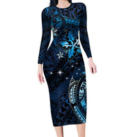 Hawaii Makahiki Season Family Matching Long Sleeve Bodycon Dress and Hawaiian Shirt Floral Tribal Tattoo Blue Galaxy LT05 Mom's Dress Blue - Polynesian Pride