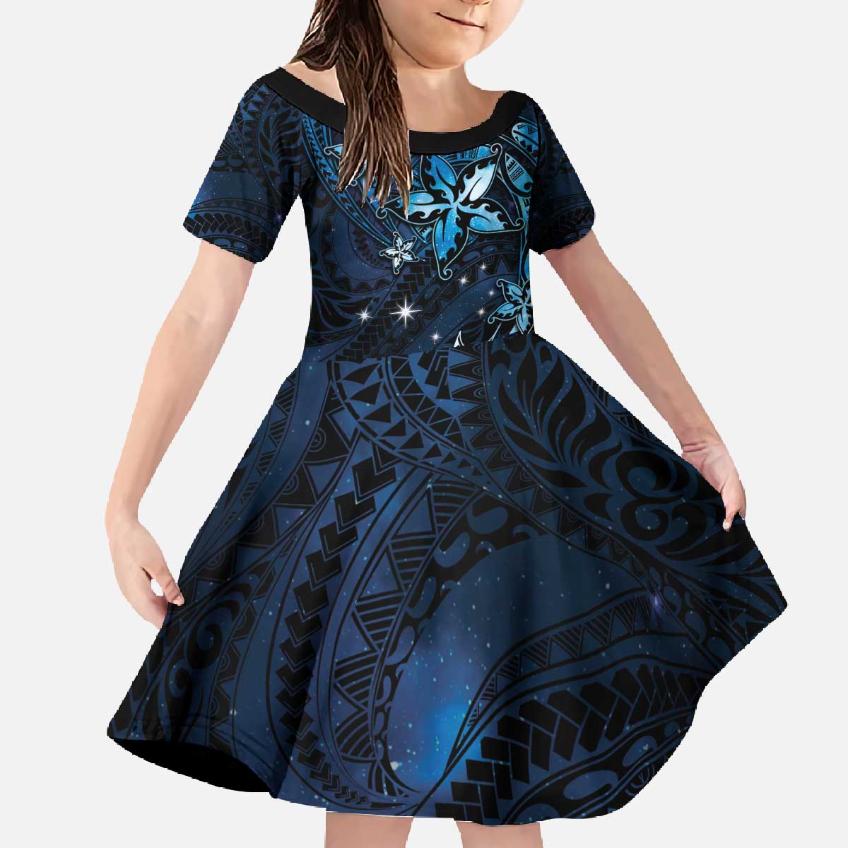 Hawaii Makahiki Season Family Matching Off The Shoulder Long Sleeve Dress and Hawaiian Shirt Floral Tribal Tattoo Blue Galaxy LT05 Daughter's Dress Blue - Polynesian Pride