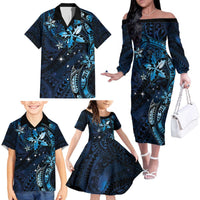 Hawaii Makahiki Season Family Matching Off The Shoulder Long Sleeve Dress and Hawaiian Shirt Floral Tribal Tattoo Blue Galaxy LT05 - Polynesian Pride