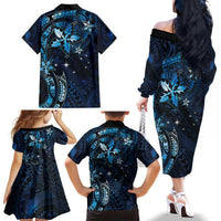 Hawaii Makahiki Season Family Matching Off The Shoulder Long Sleeve Dress and Hawaiian Shirt Floral Tribal Tattoo Blue Galaxy LT05 - Polynesian Pride