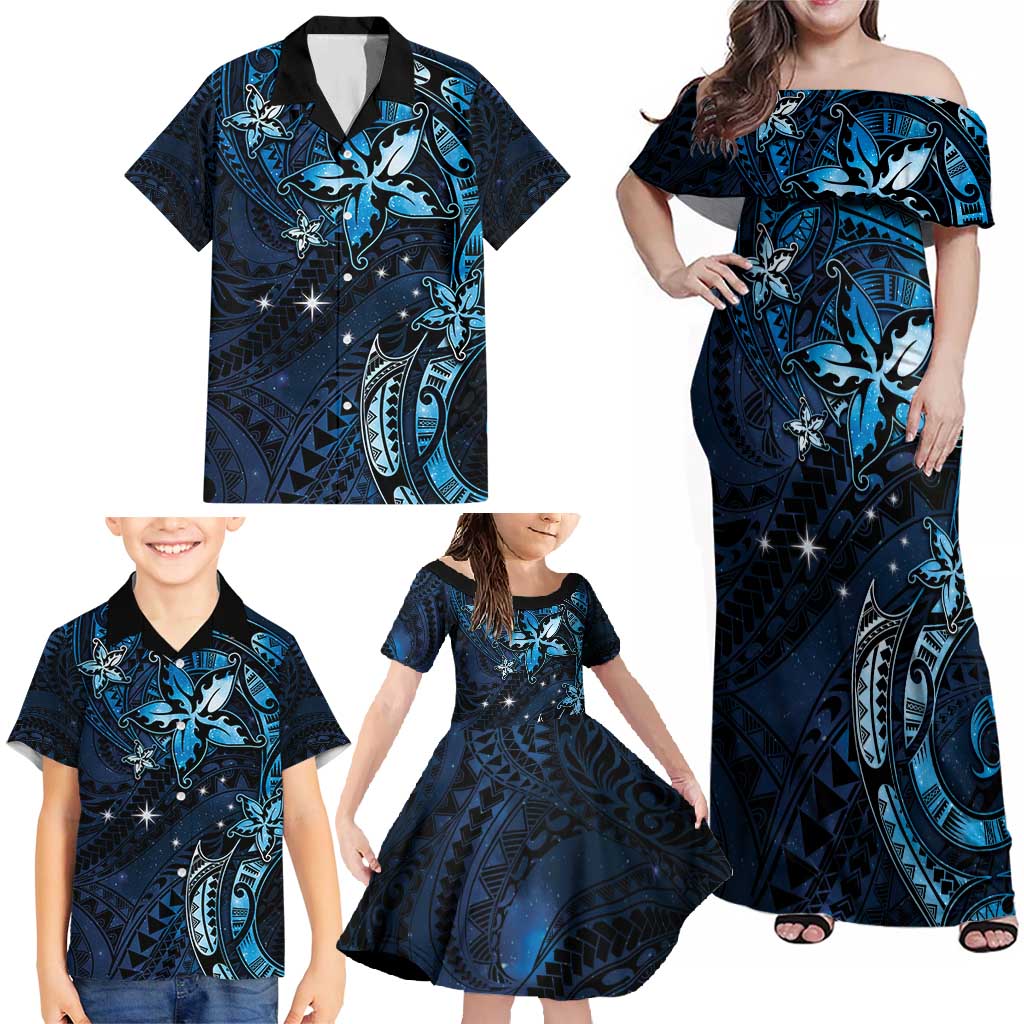 Hawaii Makahiki Season Family Matching Off Shoulder Maxi Dress and Hawaiian Shirt Floral Tribal Tattoo Blue Galaxy LT05 - Polynesian Pride