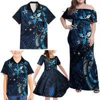 Hawaii Makahiki Season Family Matching Off Shoulder Maxi Dress and Hawaiian Shirt Floral Tribal Tattoo Blue Galaxy LT05 - Polynesian Pride