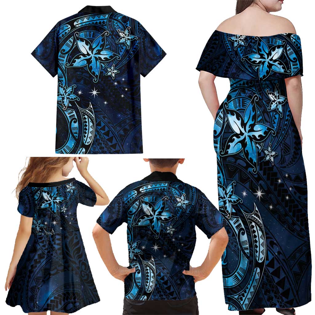 Hawaii Makahiki Season Family Matching Off Shoulder Maxi Dress and Hawaiian Shirt Floral Tribal Tattoo Blue Galaxy LT05 - Polynesian Pride