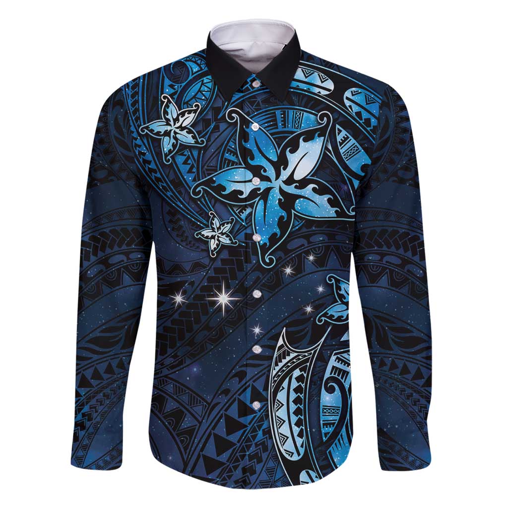 Hawaii Makahiki Season Family Matching Off Shoulder Maxi Dress and Hawaiian Shirt Floral Tribal Tattoo Blue Galaxy LT05 Dad's Shirt - Long Sleeve Blue - Polynesian Pride