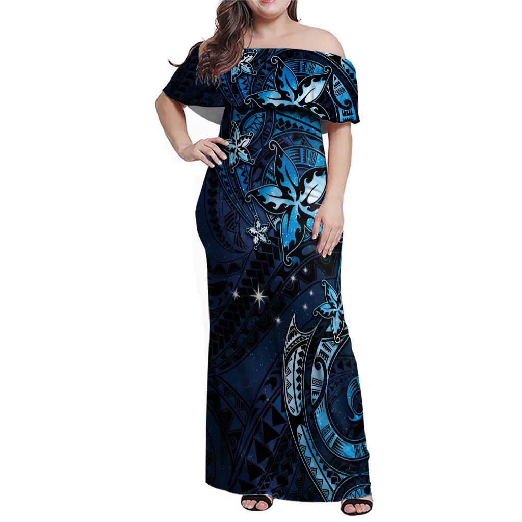 Hawaii Makahiki Season Family Matching Off Shoulder Maxi Dress and Hawaiian Shirt Floral Tribal Tattoo Blue Galaxy LT05 Mom's Dress Blue - Polynesian Pride