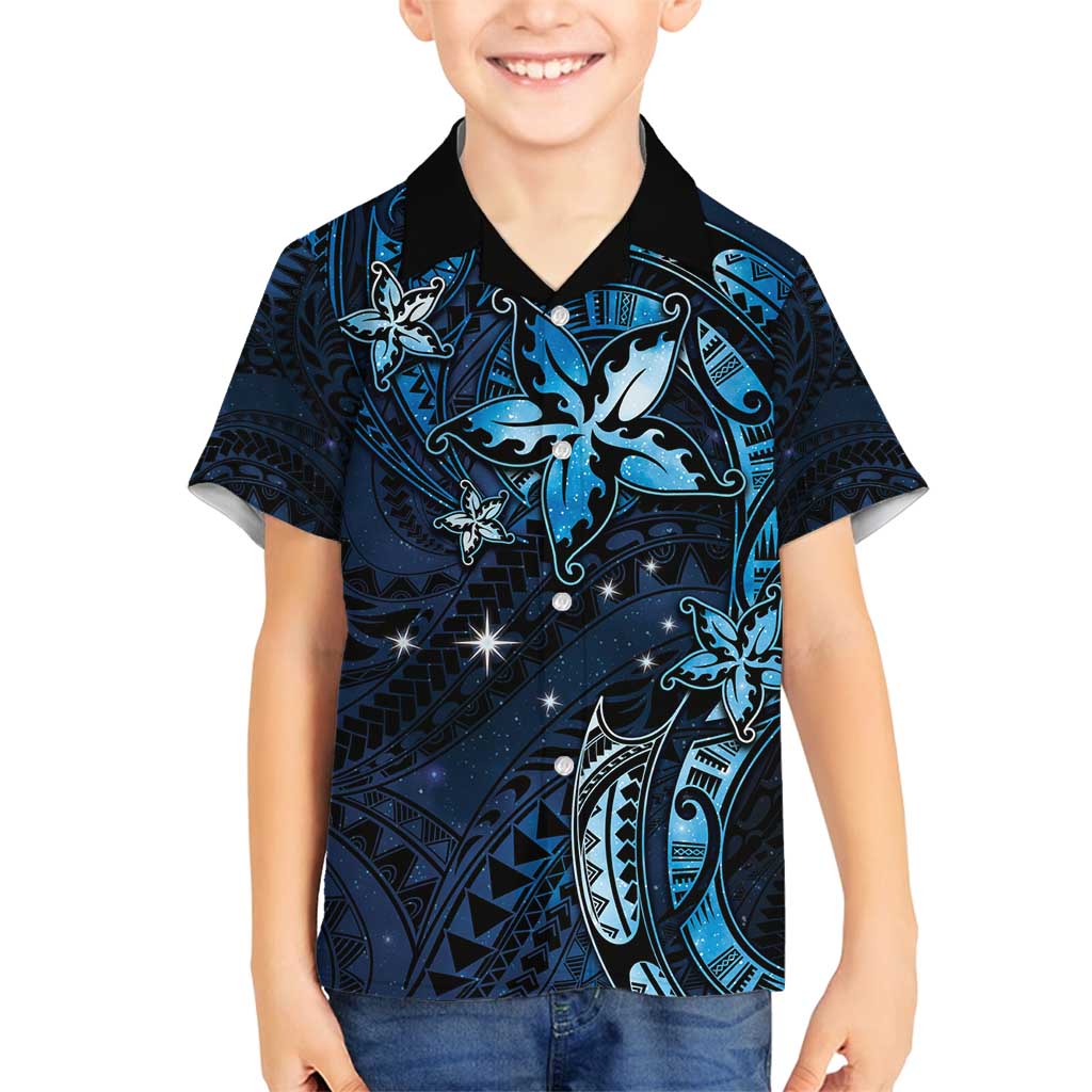 Hawaii Makahiki Season Family Matching Off Shoulder Maxi Dress and Hawaiian Shirt Floral Tribal Tattoo Blue Galaxy LT05 Son's Shirt Blue - Polynesian Pride