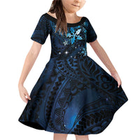 Hawaii Makahiki Season Family Matching Off Shoulder Short Dress and Hawaiian Shirt Floral Tribal Tattoo Blue Galaxy LT05 Daughter's Dress Blue - Polynesian Pride