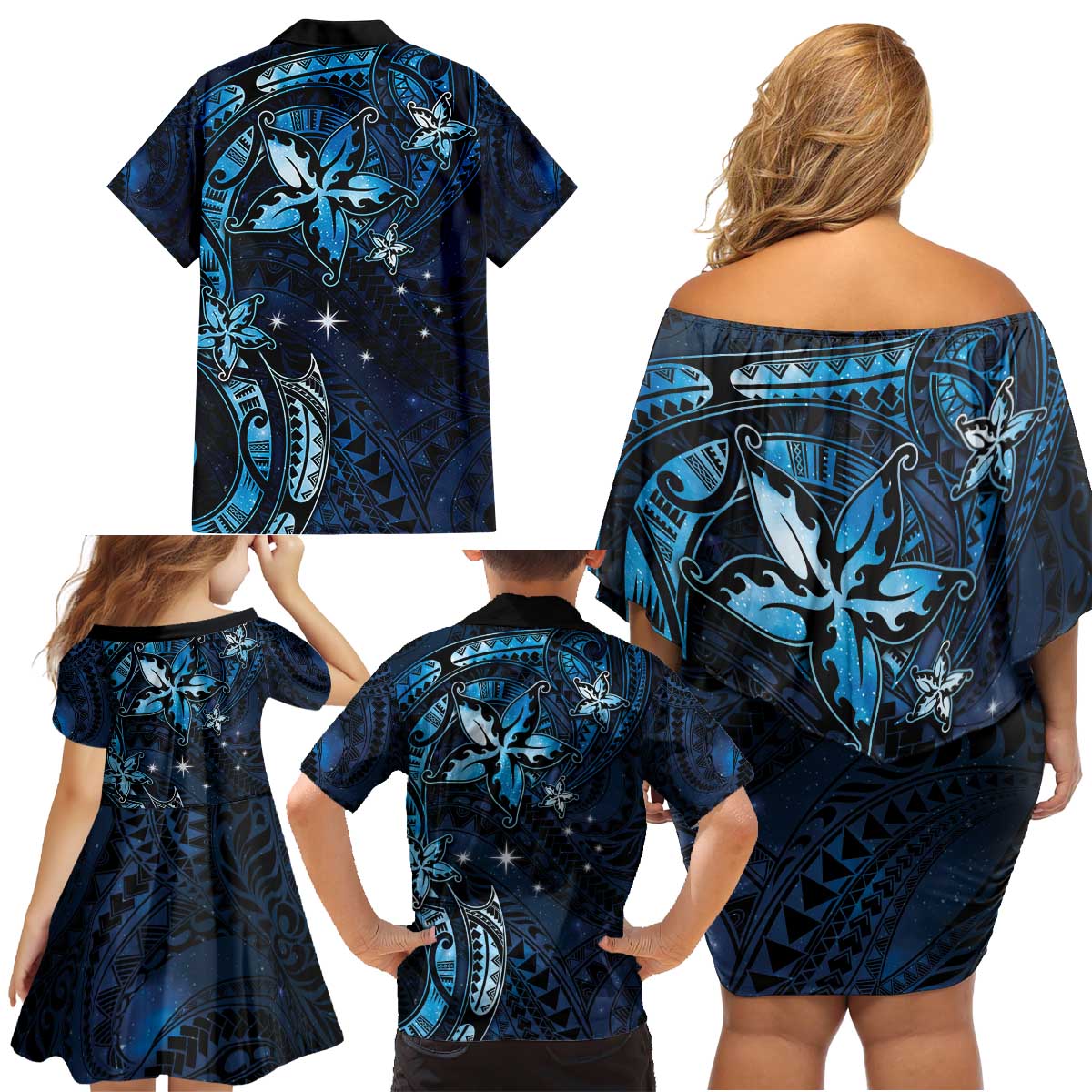 Hawaii Makahiki Season Family Matching Off Shoulder Short Dress and Hawaiian Shirt Floral Tribal Tattoo Blue Galaxy LT05 - Polynesian Pride