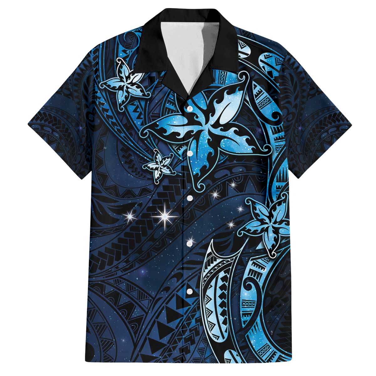 Hawaii Makahiki Season Family Matching Puletasi and Hawaiian Shirt Floral Tribal Tattoo Blue Galaxy LT05 Dad's Shirt - Short Sleeve Blue - Polynesian Pride