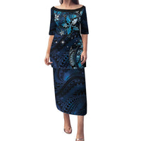 Hawaii Makahiki Season Family Matching Puletasi and Hawaiian Shirt Floral Tribal Tattoo Blue Galaxy LT05 Mom's Dress Blue - Polynesian Pride