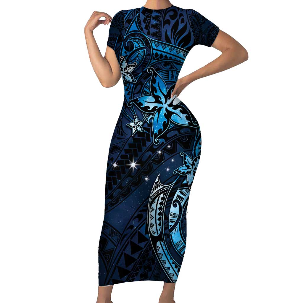 Hawaii Makahiki Season Family Matching Short Sleeve Bodycon Dress and Hawaiian Shirt Floral Tribal Tattoo Blue Galaxy LT05 Mom's Dress Blue - Polynesian Pride