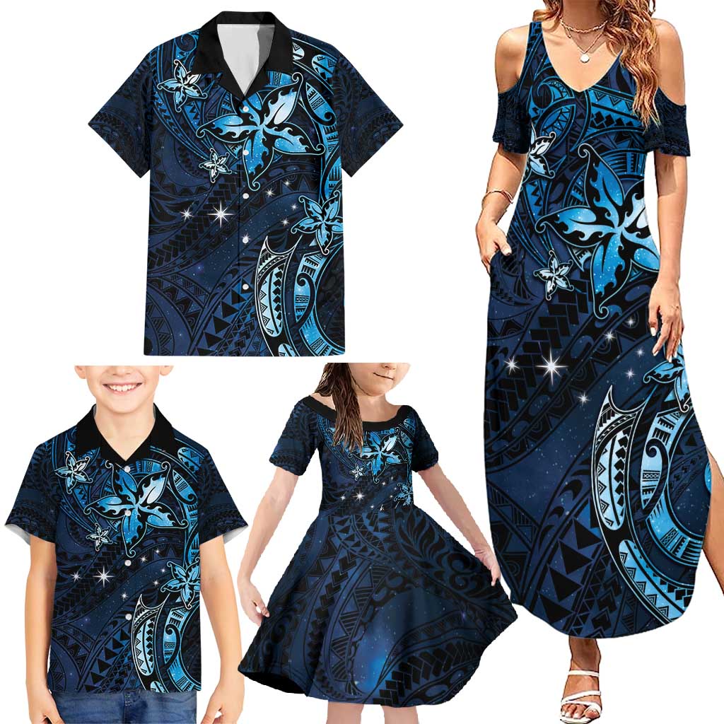Hawaii Makahiki Season Family Matching Summer Maxi Dress and Hawaiian Shirt Floral Tribal Tattoo Blue Galaxy LT05 - Polynesian Pride