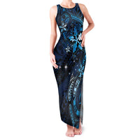 Hawaii Makahiki Season Family Matching Tank Maxi Dress and Hawaiian Shirt Floral Tribal Tattoo Blue Galaxy LT05 Mom's Dress Blue - Polynesian Pride
