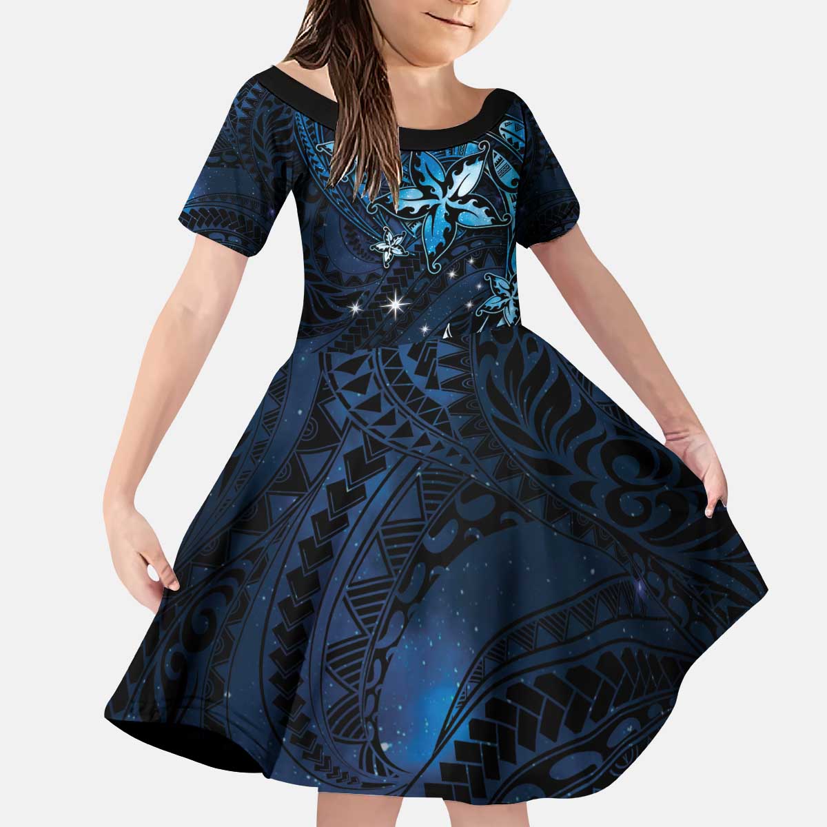 Hawaii Makahiki Season Kid Short Sleeve Dress Floral Tribal Tattoo Blue Galaxy