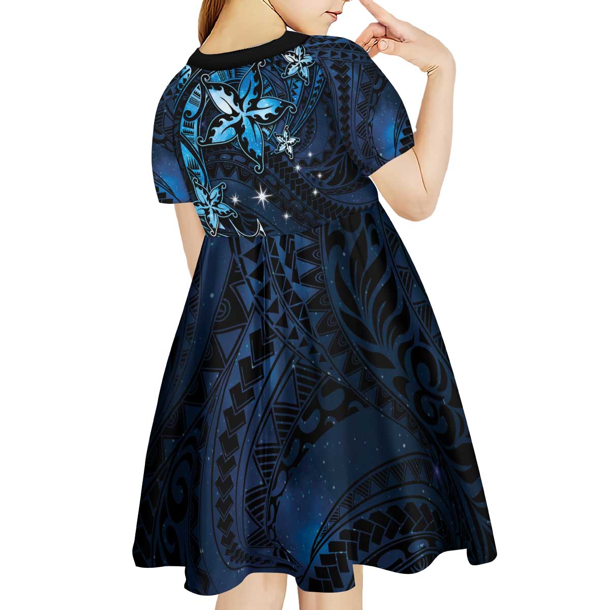 Hawaii Makahiki Season Kid Short Sleeve Dress Floral Tribal Tattoo Blue Galaxy