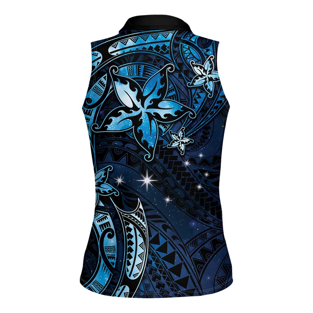 Hawaii Makahiki Season Women Sleeveless Polo Shirt Floral Tribal Tattoo Blue Galaxy