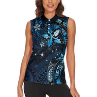 Hawaii Makahiki Season Women Sleeveless Polo Shirt Floral Tribal Tattoo Blue Galaxy