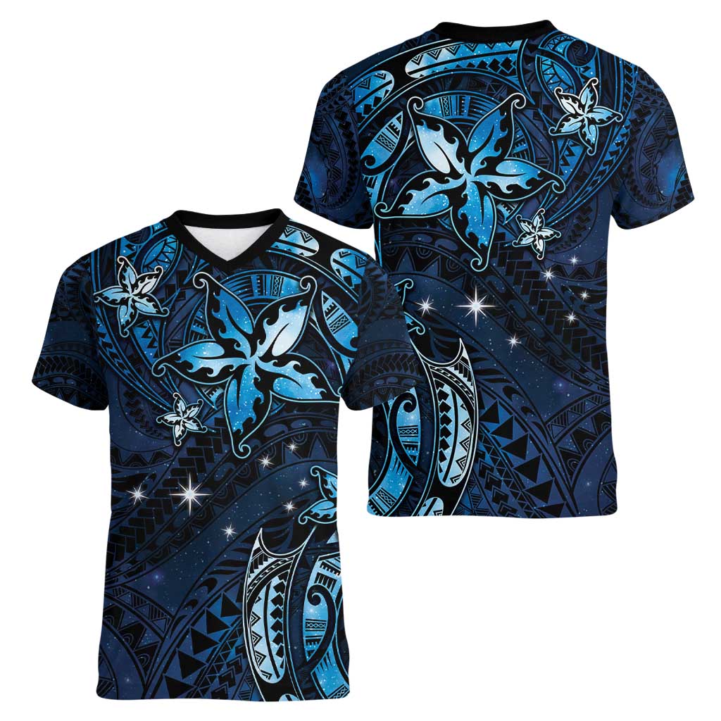Hawaii Makahiki Season Women V-Neck T-Shirt Floral Tribal Tattoo Blue Galaxy