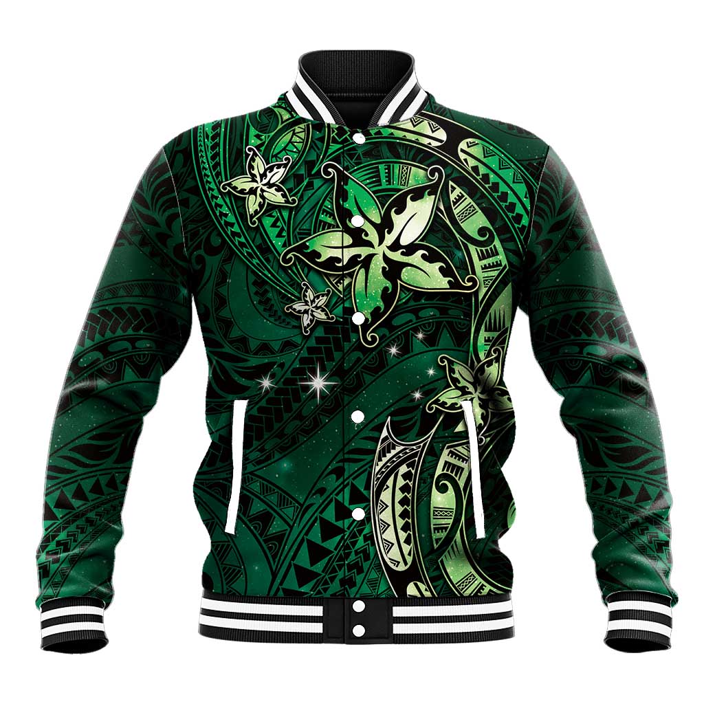 Hawaii Makahiki Season Baseball Jacket Floral Tribal Tattoo Green Galaxy