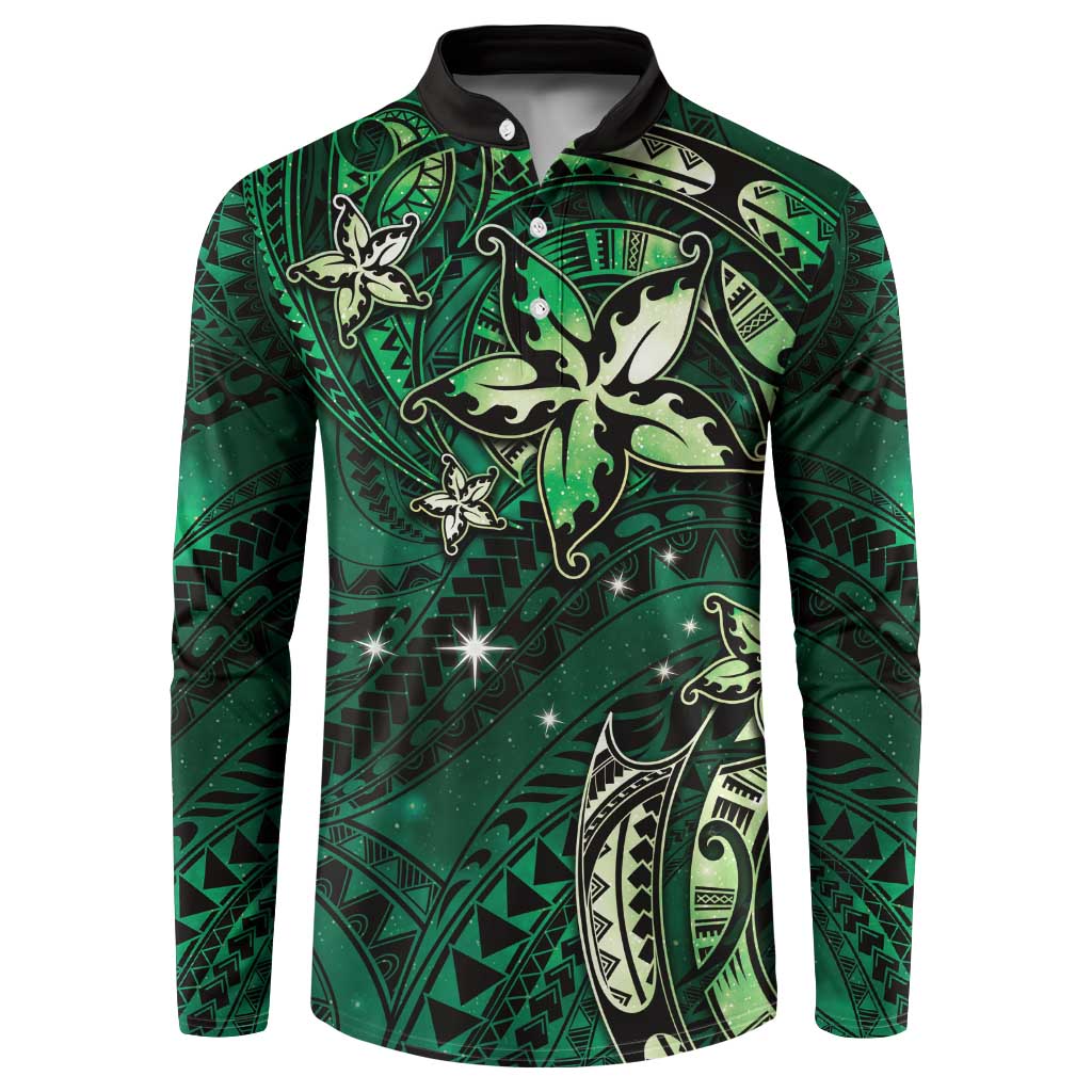 Hawaii Makahiki Season Button Sweatshirt Floral Tribal Tattoo Green Galaxy