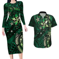 Hawaii Makahiki Season Couples Matching Long Sleeve Bodycon Dress and Hawaiian Shirt Floral Tribal Tattoo Green Galaxy LT05 Green - Polynesian Pride