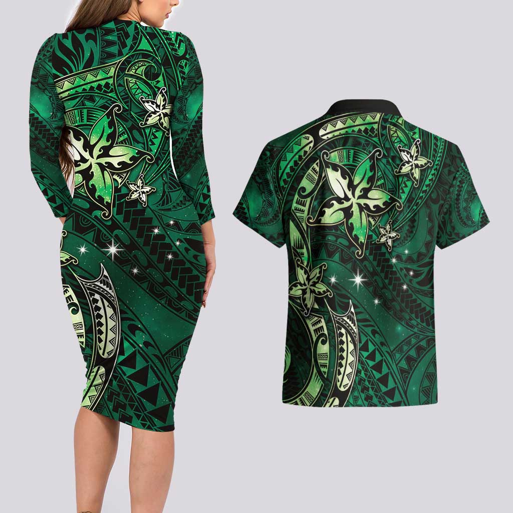 Hawaii Makahiki Season Couples Matching Long Sleeve Bodycon Dress and Hawaiian Shirt Floral Tribal Tattoo Green Galaxy LT05 - Polynesian Pride