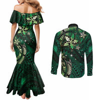 Hawaii Makahiki Season Couples Matching Mermaid Dress and Long Sleeve Button Shirt Floral Tribal Tattoo Green Galaxy LT05 - Polynesian Pride