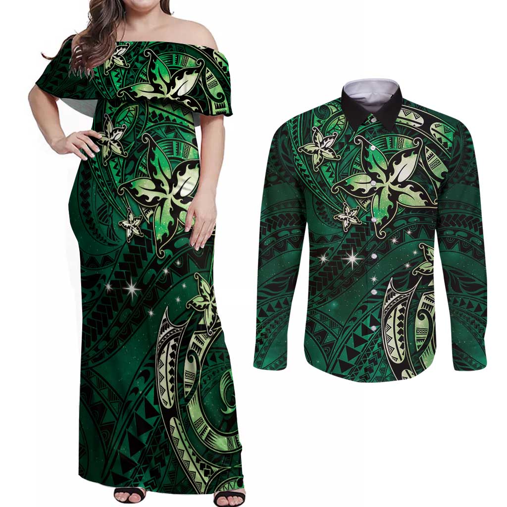 Hawaii Makahiki Season Couples Matching Off Shoulder Maxi Dress and Long Sleeve Button Shirt Floral Tribal Tattoo Green Galaxy LT05 Green - Polynesian Pride
