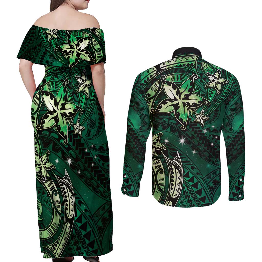 Hawaii Makahiki Season Couples Matching Off Shoulder Maxi Dress and Long Sleeve Button Shirt Floral Tribal Tattoo Green Galaxy LT05 - Polynesian Pride