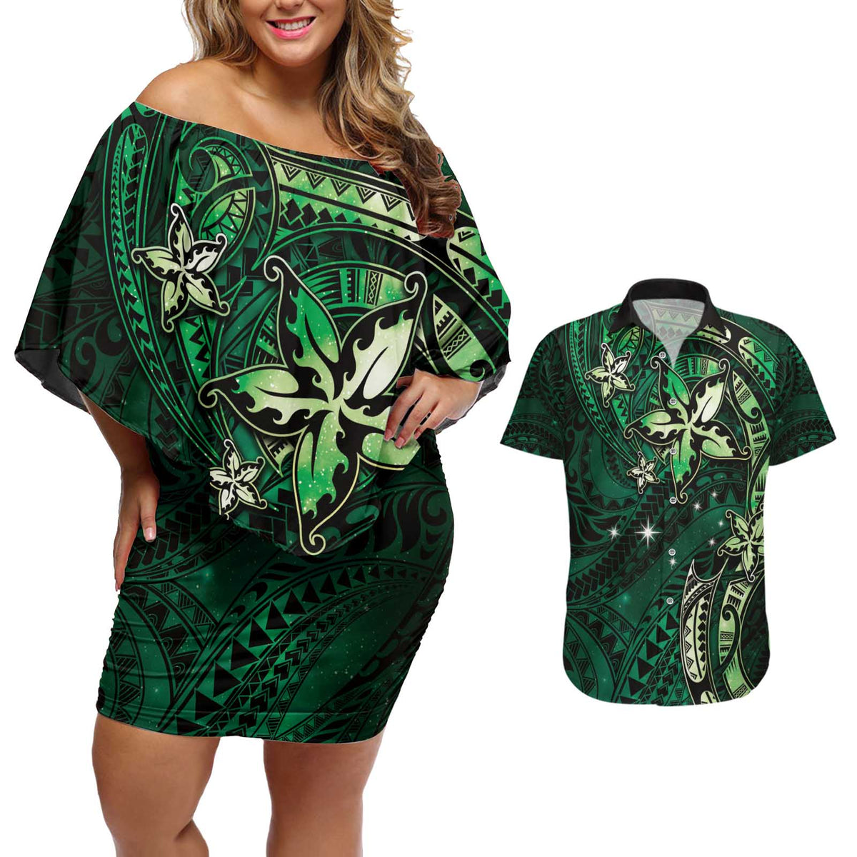 Hawaii Makahiki Season Couples Matching Off Shoulder Short Dress and Hawaiian Shirt Floral Tribal Tattoo Green Galaxy LT05 Green - Polynesian Pride